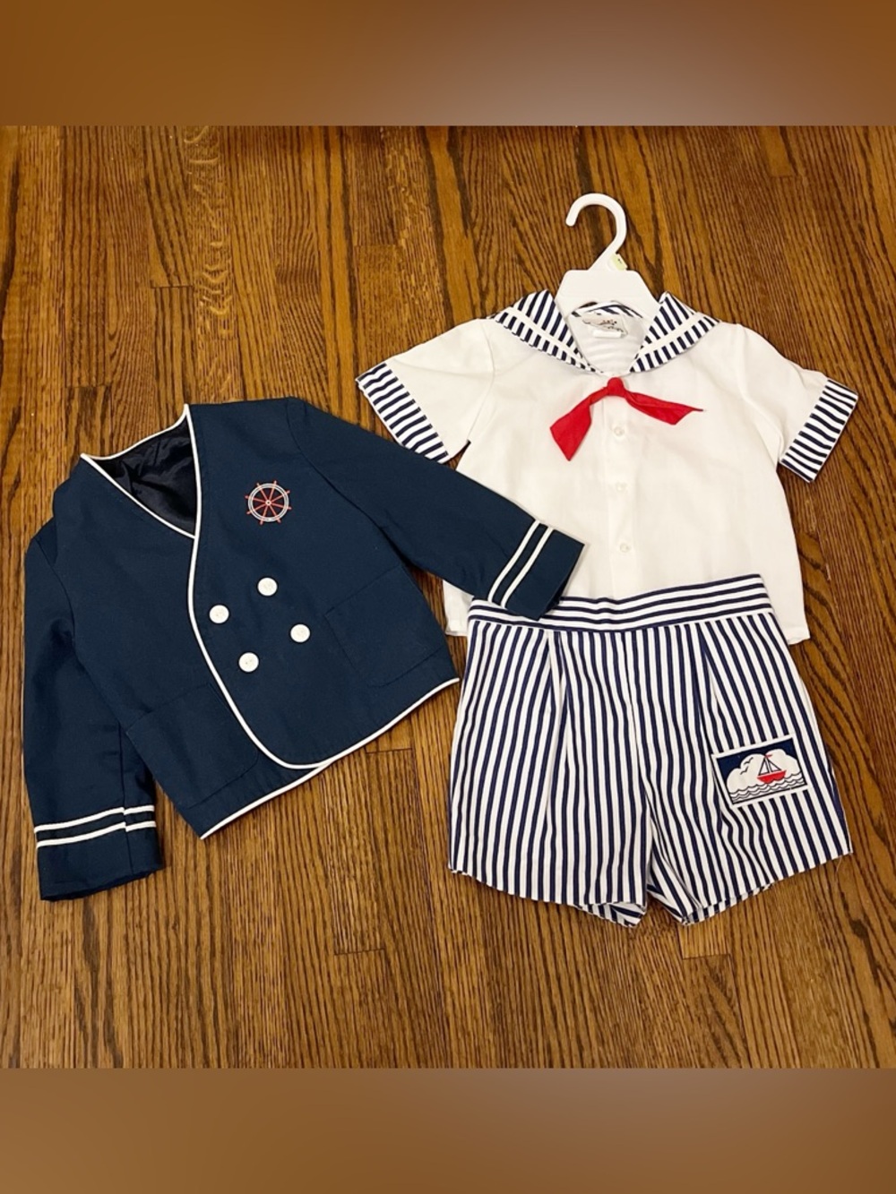 Kids Navy & White Sailor Matching Set with Red Accent